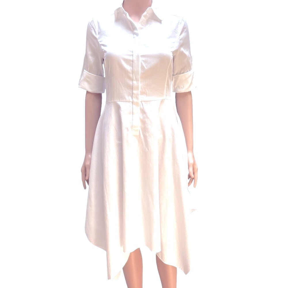 BCBGMAXAZRIA White Cotton 3/4 Sleeve Midi Shirtdress with Notched Collar XXS NWT